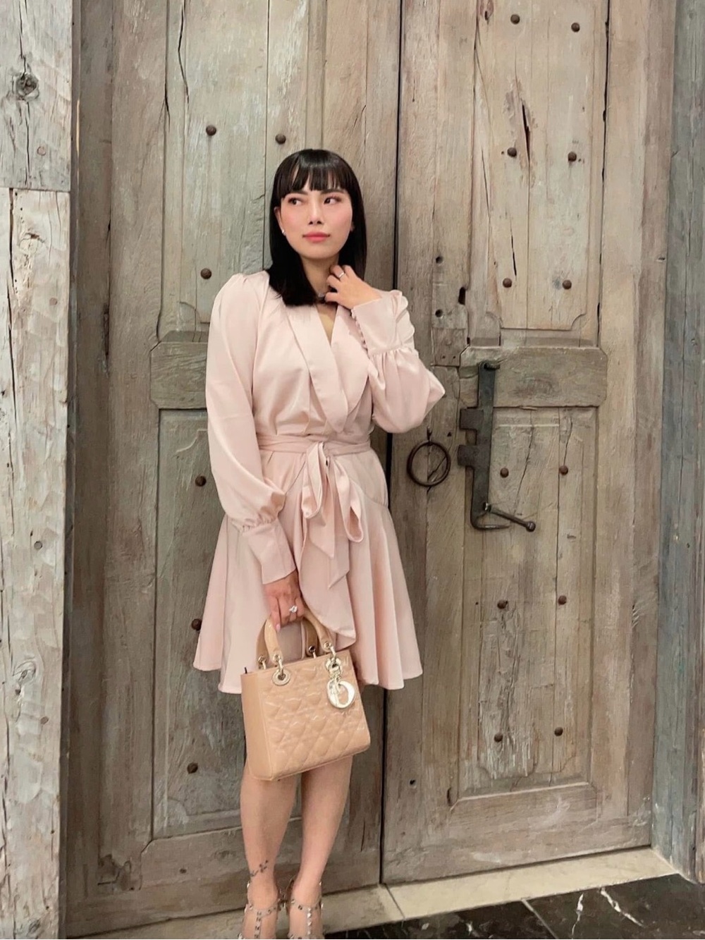 Women's Blush Pink Wrap Dress with Tie Waist